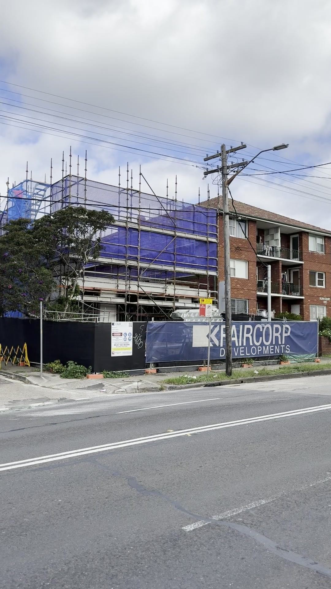 Stage 1 perimeter scaffold at Campsie for Faircorp Developments, seen from the street